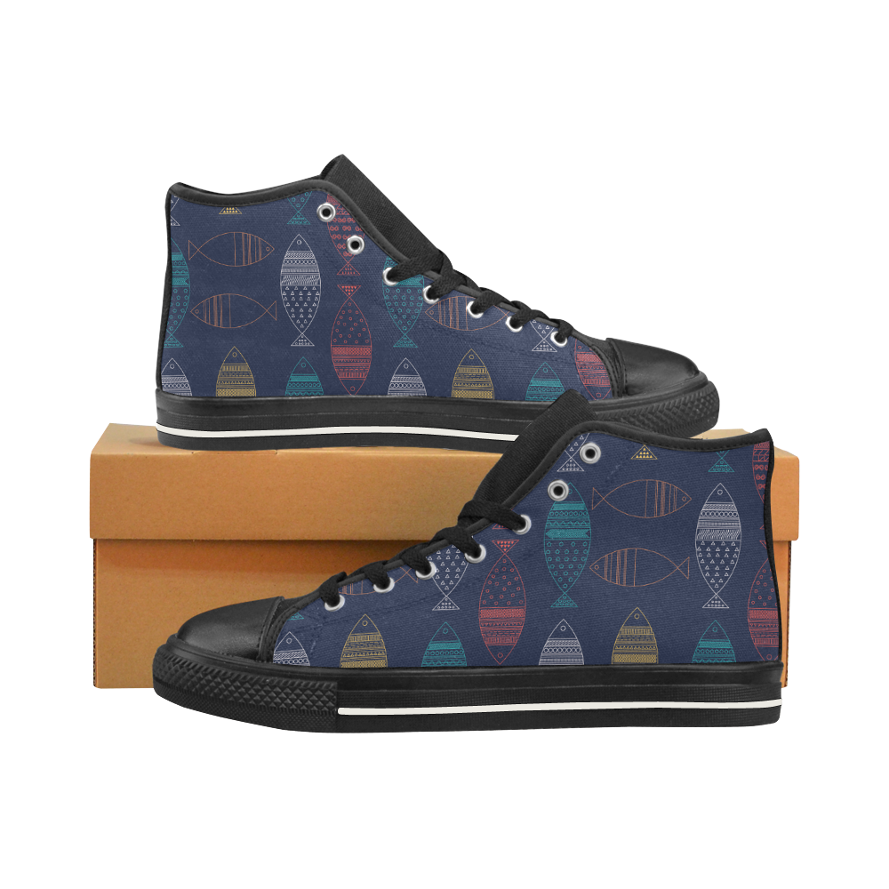 color abstract fish Men’s Classic High Top Canvas Shoes /Large Size (Model 017)