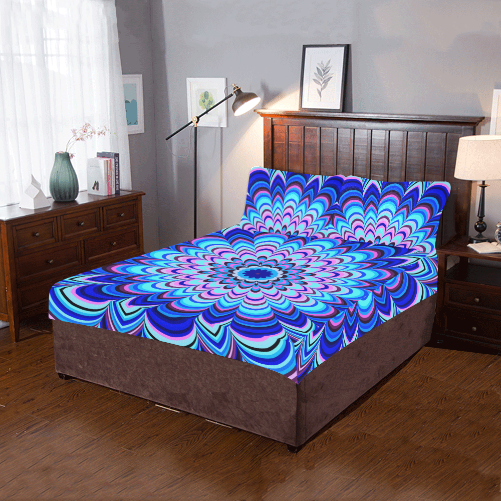 Neon blue striped mandala 3-Piece Bedding Set