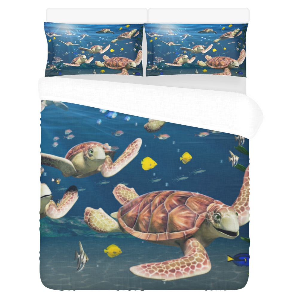 underwater cartoon turtles and fish 3-Piece Bedding Set