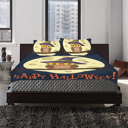 Cartoon owl in hat on moon Halloween 3-Piece Bedding Set
