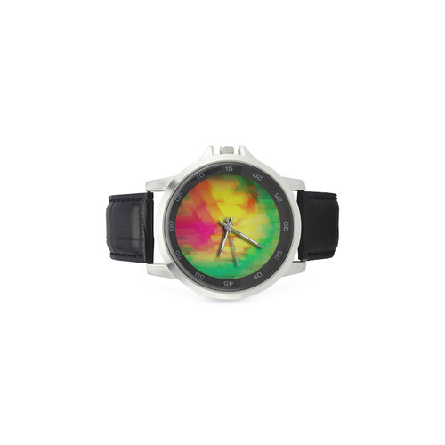 Pastel shapes painting Unisex Stainless Steel Leather Strap Watch(Model 202)