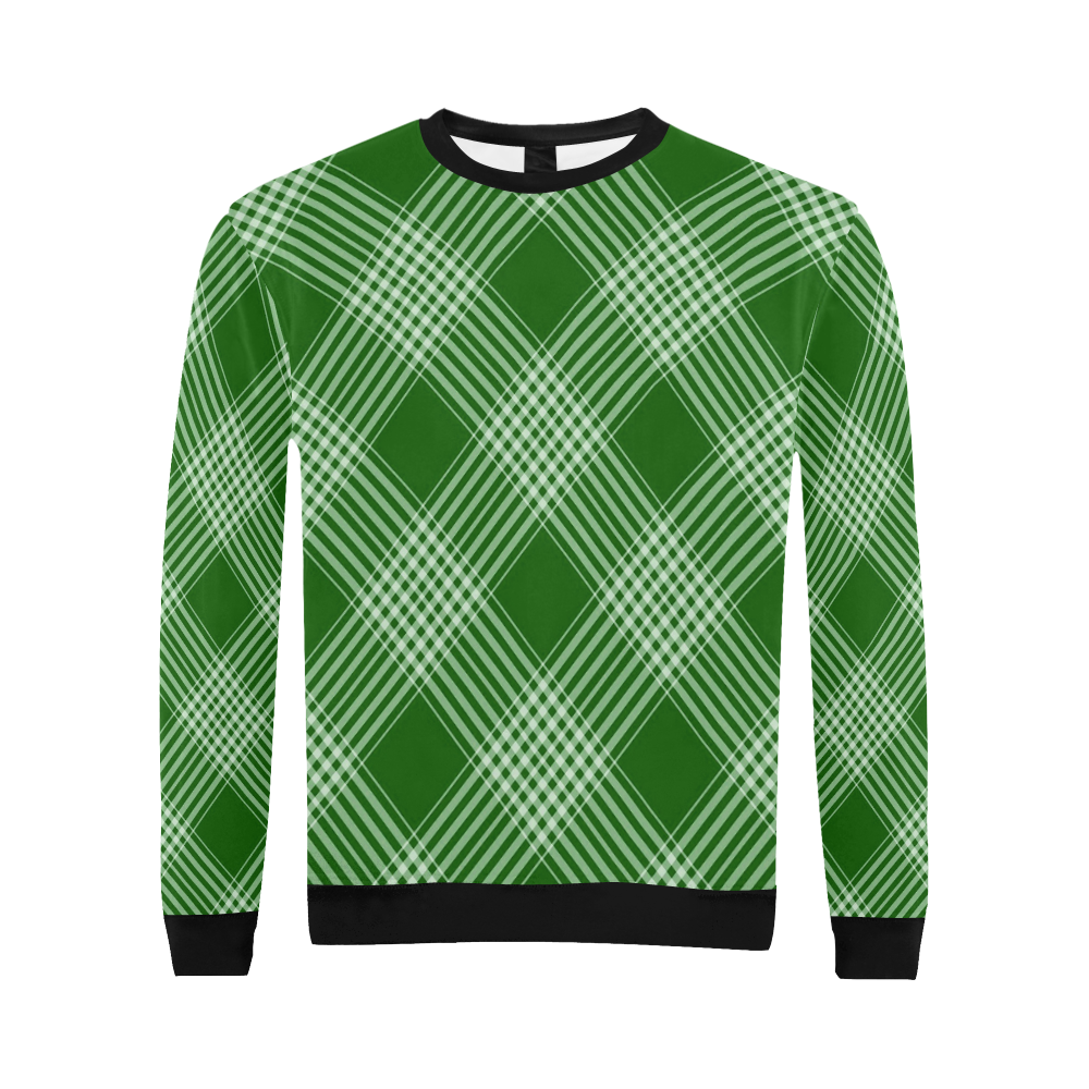 Green And White Plaid Black All Over Print Crewneck Sweatshirt for Men (Model H18)