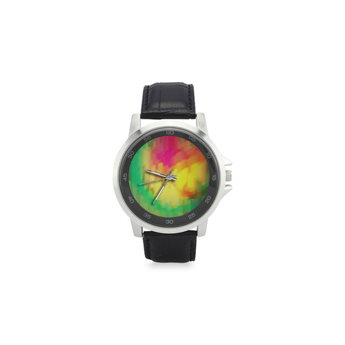 Pastel shapes painting Unisex Stainless Steel Leather Strap Watch(Model 202)