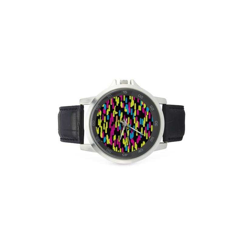 Colorful strokes on a black background Unisex Stainless Steel Leather Strap Watch(Model 202)