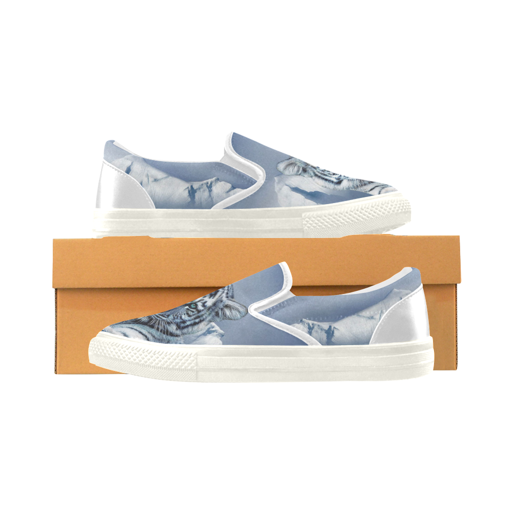 Blue White Tiger Women's Slip-on Canvas Shoes (Model 019)