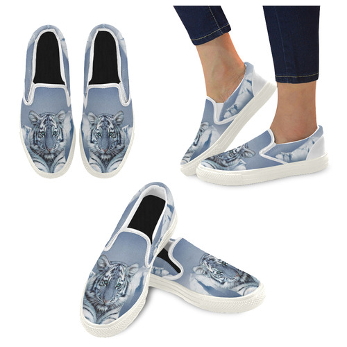 Blue White Tiger Women's Slip-on Canvas Shoes (Model 019)