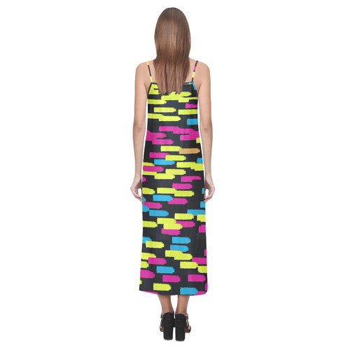 Colorful strokes on a black background V-Neck Open Fork Long Dress(Model D18)
