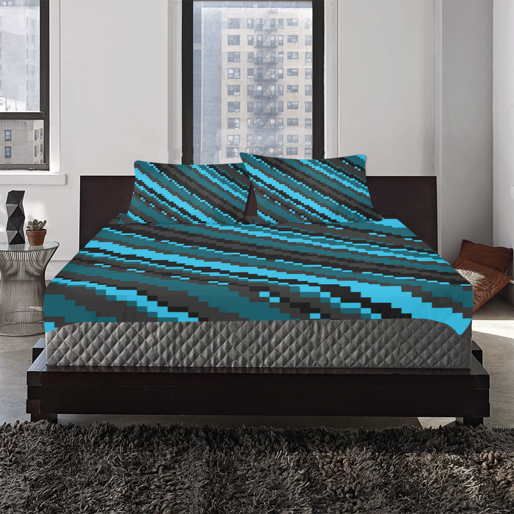 Gray and Teal Pixels 3-Piece Bedding Set