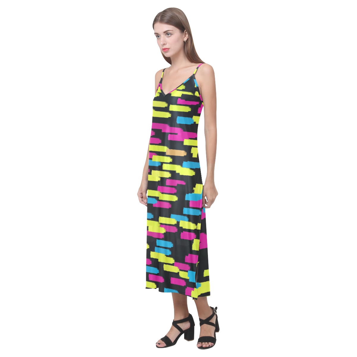 Colorful strokes on a black background V-Neck Open Fork Long Dress(Model D18)