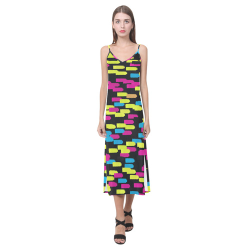 Colorful strokes on a black background V-Neck Open Fork Long Dress(Model D18)