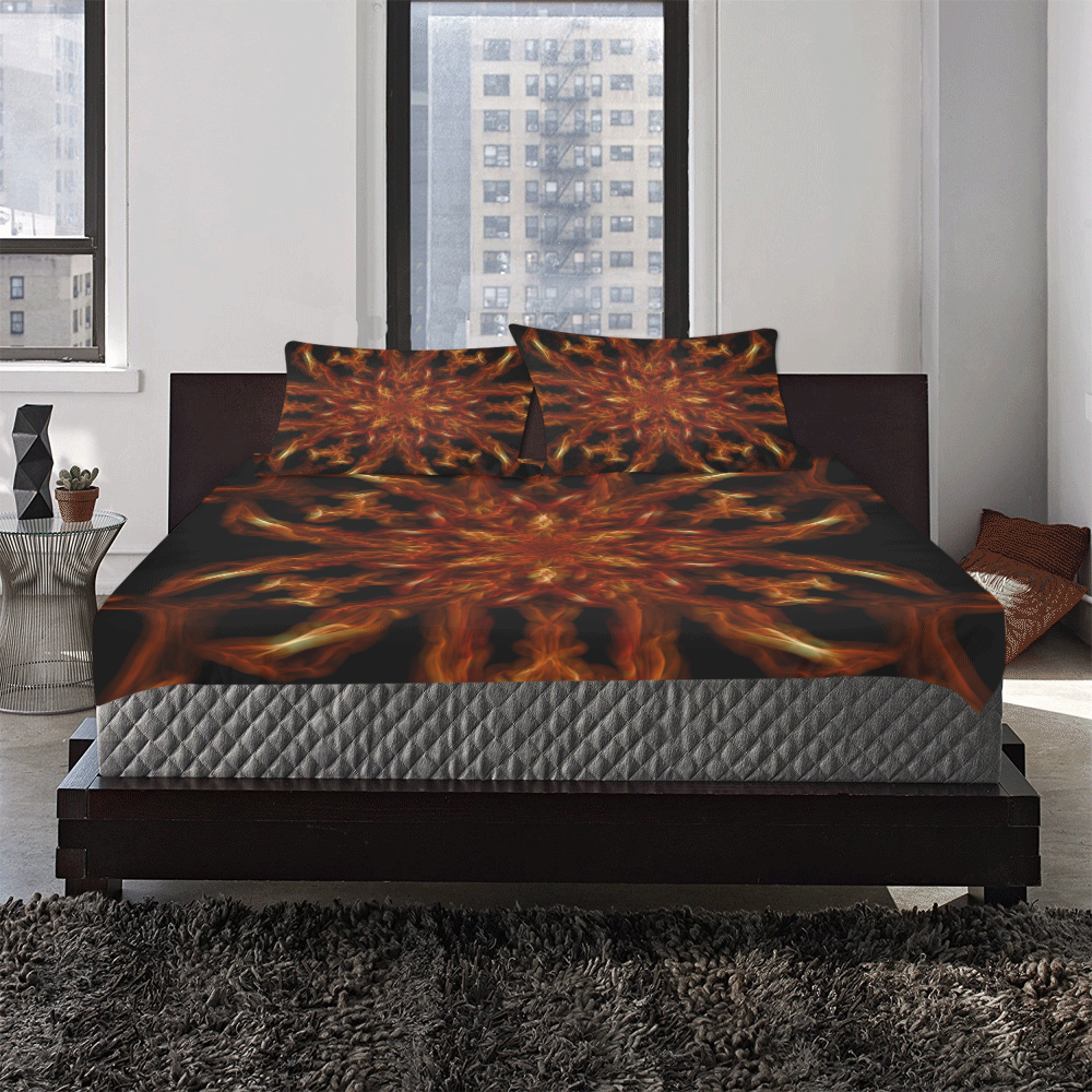 Fractal Orange Flower Energy Lines 3-Piece Bedding Set