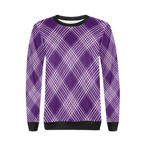 Royal Purple And White Plaid Black All Over Print Crewneck Sweatshirt for Women (Model H18)