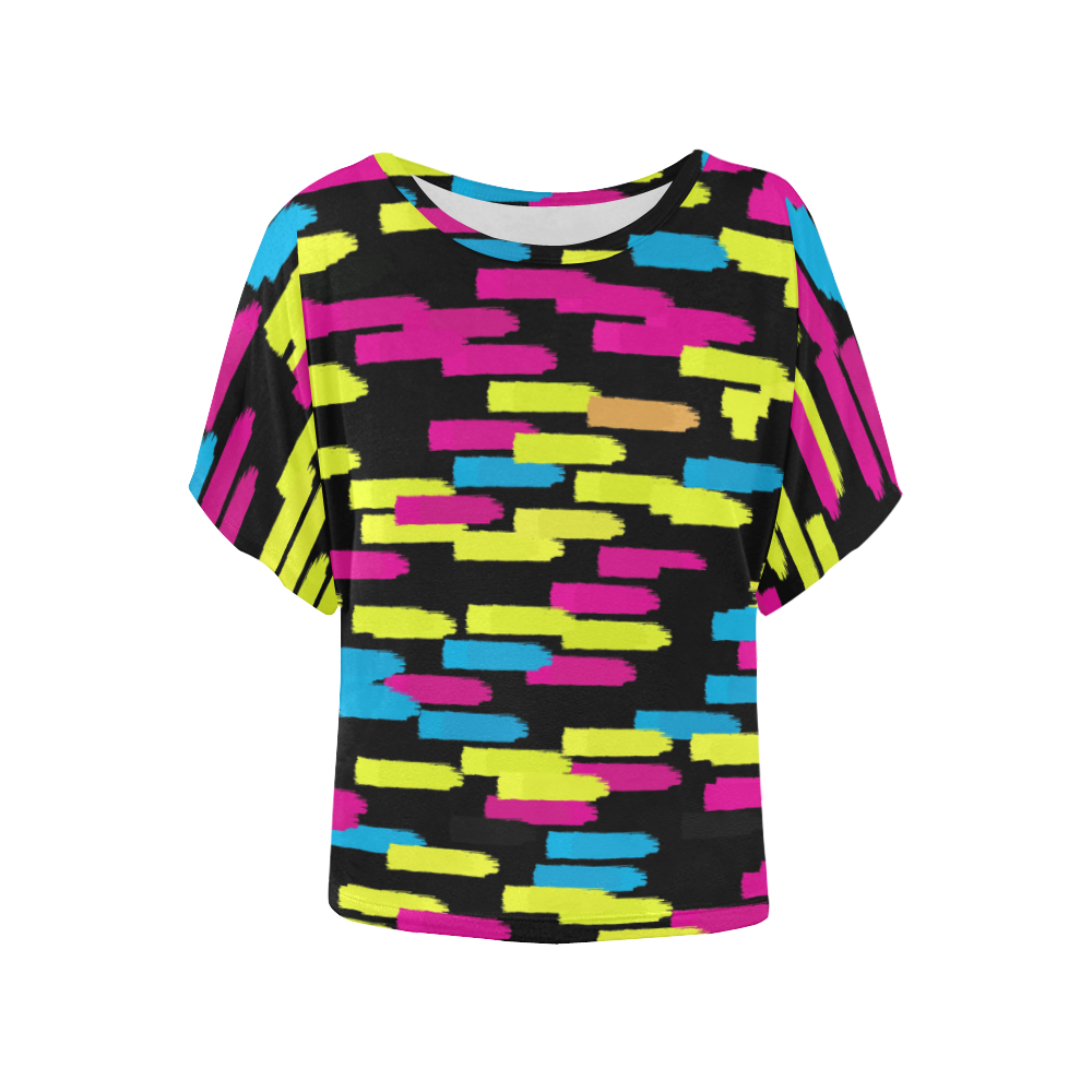 Colorful strokes on a black background Women's Batwing-Sleeved Blouse T shirt (Model T44)
