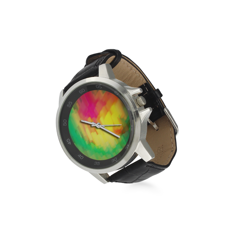 Pastel shapes painting Unisex Stainless Steel Leather Strap Watch(Model 202)