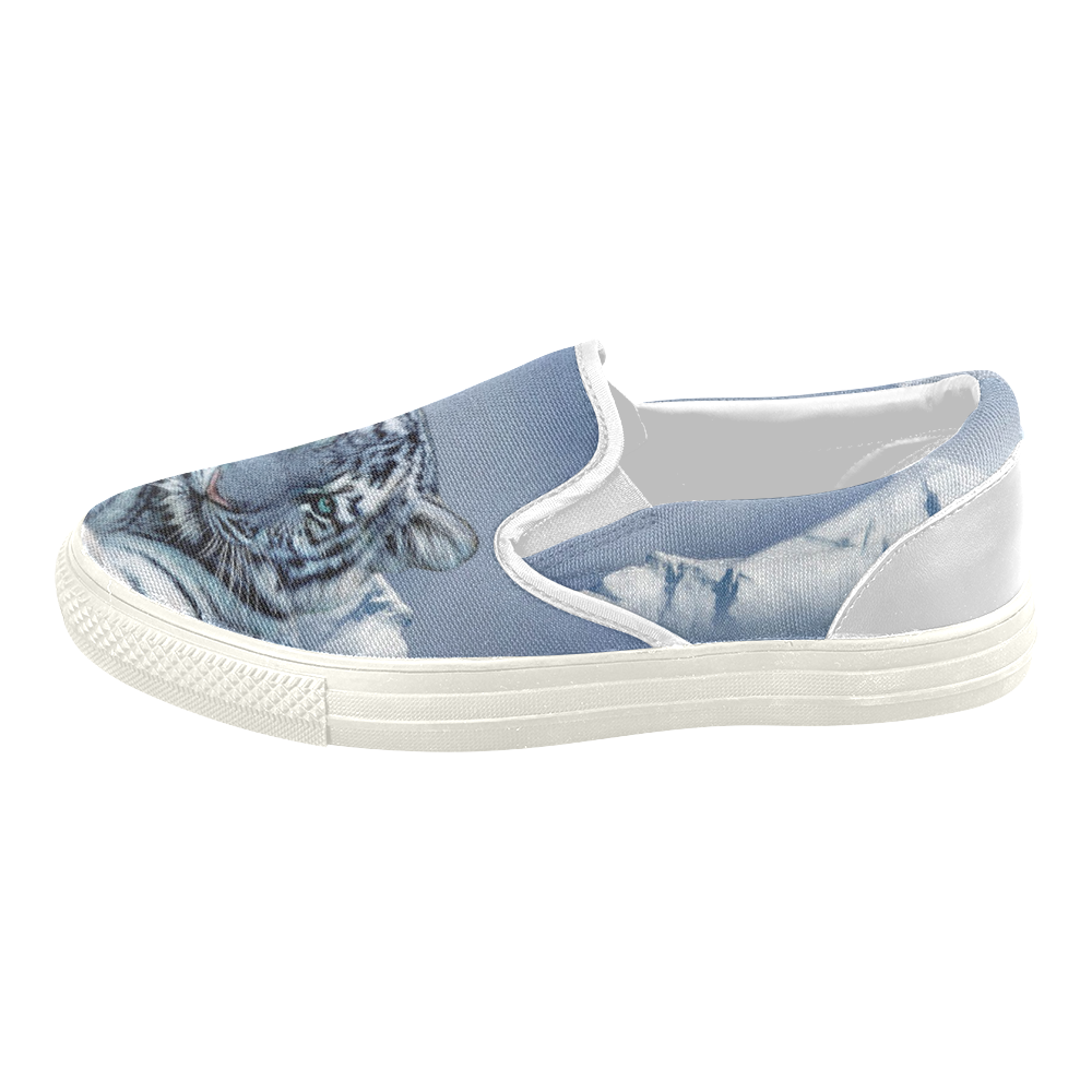 Blue White Tiger Women's Slip-on Canvas Shoes (Model 019)