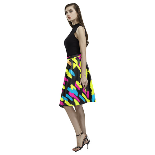 Colorful strokes on a black background Melete Pleated Midi Skirt (Model D15)