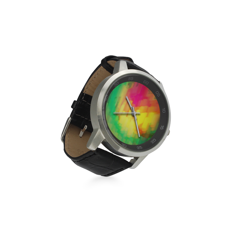 Pastel shapes painting Unisex Stainless Steel Leather Strap Watch(Model 202)