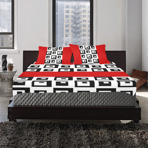 Black & White Cubes & Red 3-Piece Bedding Set