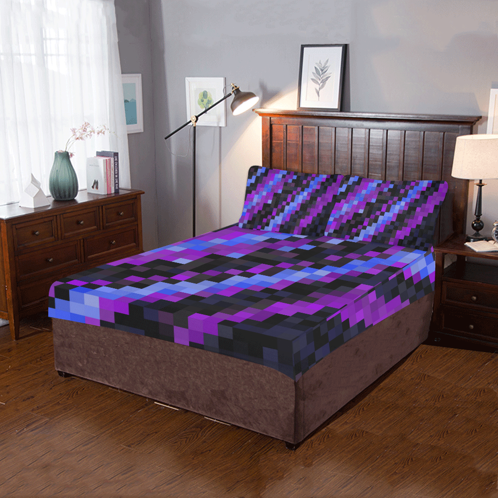 Blue and Purple Pixels 3-Piece Bedding Set