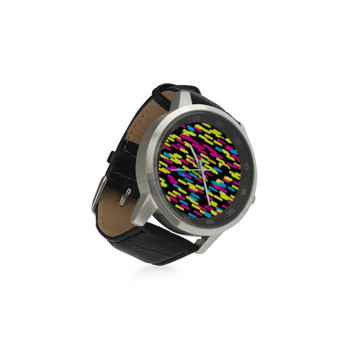 Colorful strokes on a black background Unisex Stainless Steel Leather Strap Watch(Model 202)