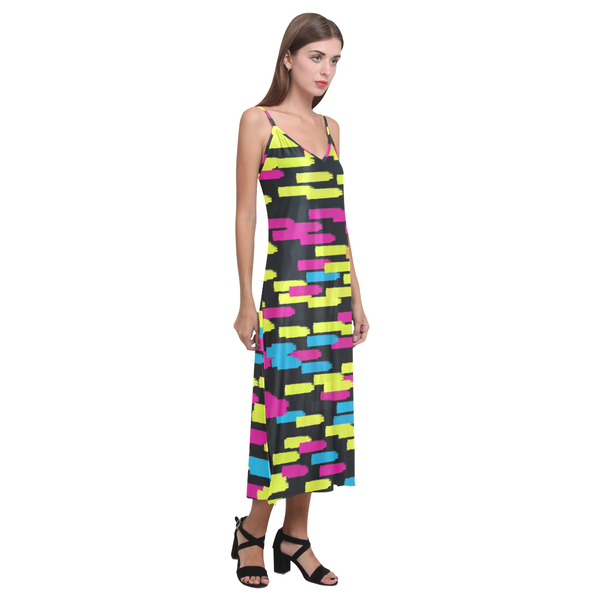 Colorful strokes on a black background V-Neck Open Fork Long Dress(Model D18)