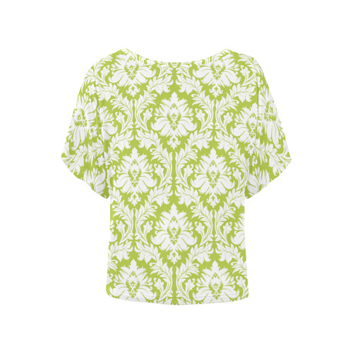 damask pattern spring green and white Women's Batwing-Sleeved Blouse T shirt (Model T44)