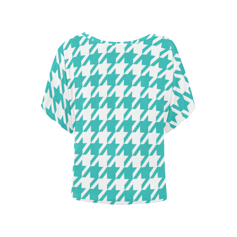 turquoise and white houndstooth classic pattern Women's Batwing-Sleeved Blouse T shirt (Model T44)