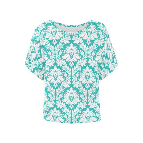 damask pattern turquoise and white Women's Batwing-Sleeved Blouse T shirt (Model T44)