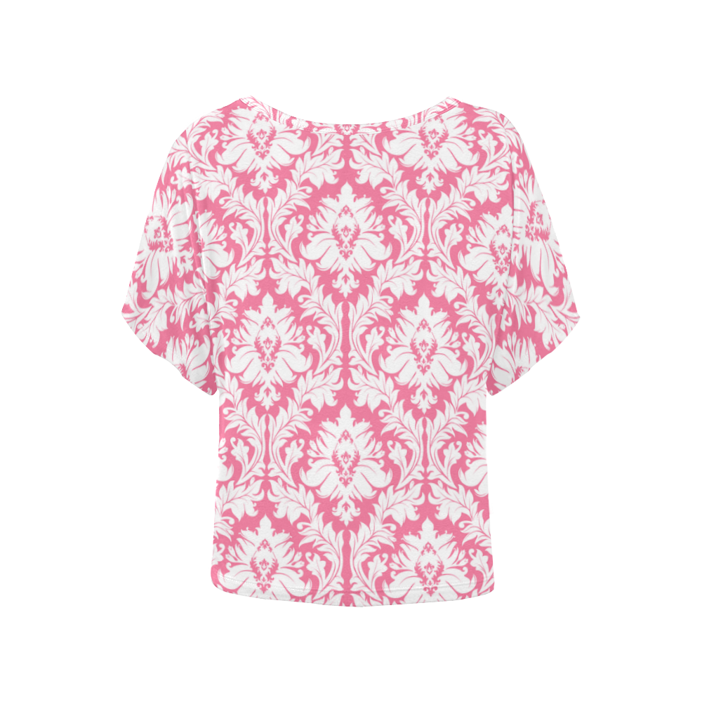 damask pattern pink and white Women's Batwing-Sleeved Blouse T shirt (Model T44)