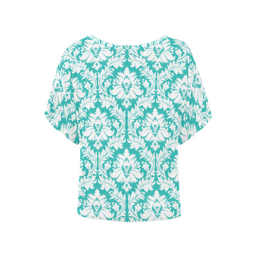 damask pattern turquoise and white Women's Batwing-Sleeved Blouse T shirt (Model T44)