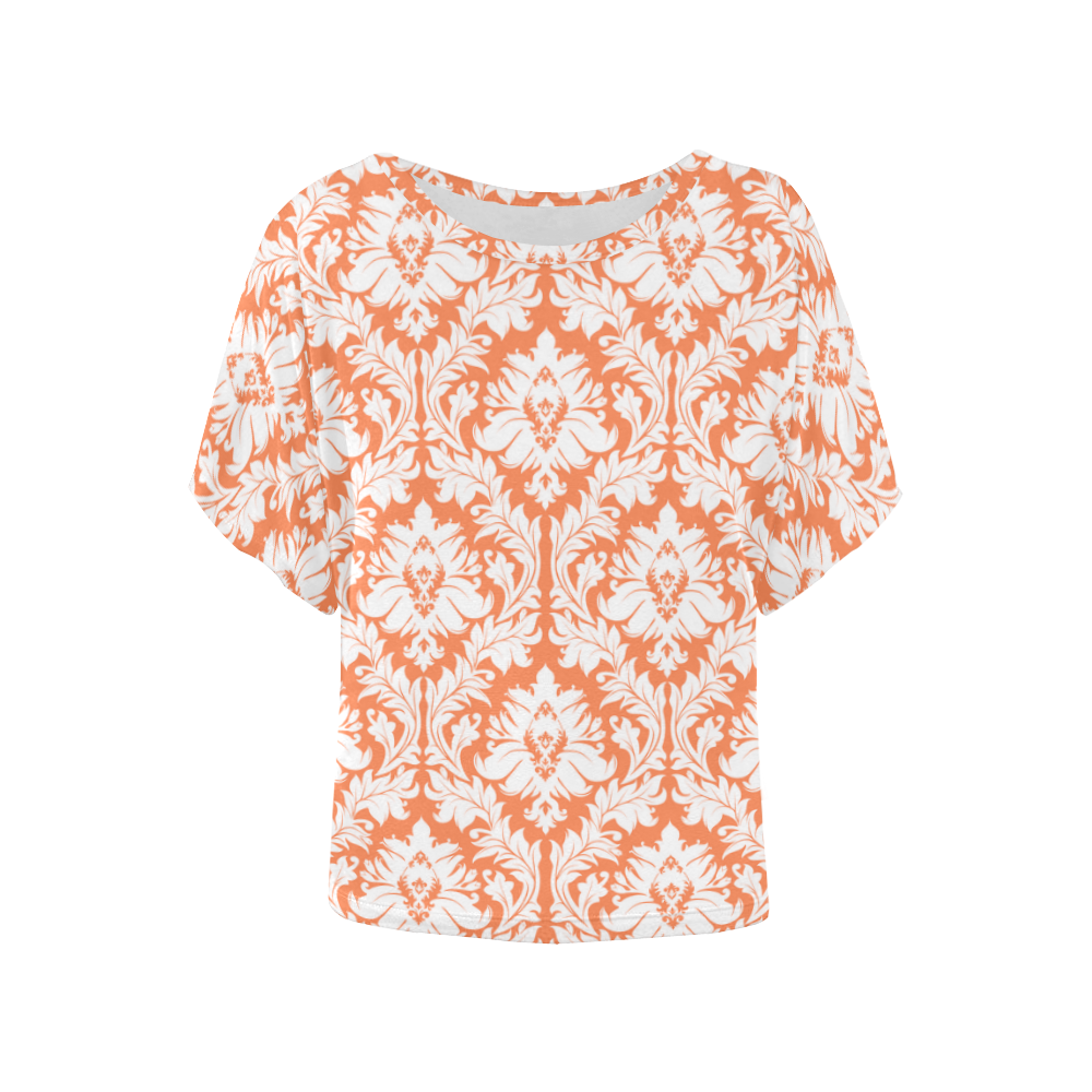 damask pattern orange and white Women's Batwing-Sleeved Blouse T shirt (Model T44)