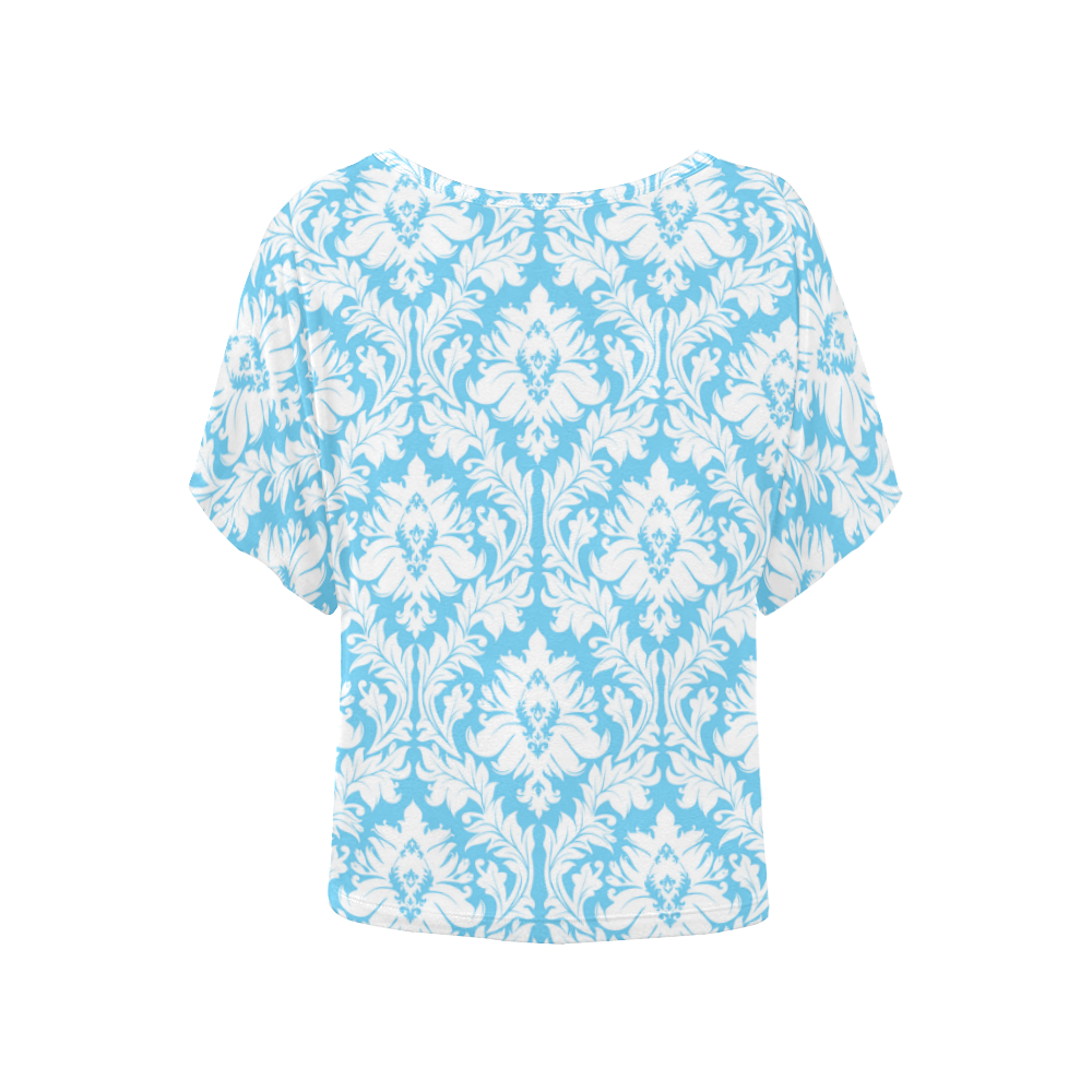 damask pattern bright blue and white Women's Batwing-Sleeved Blouse T shirt (Model T44)