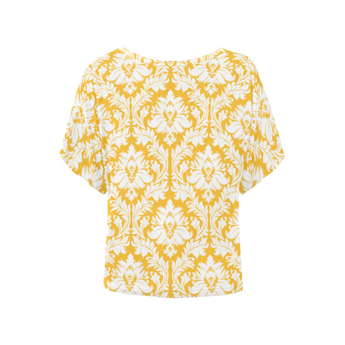 damask pattern sunny yellow and white Women's Batwing-Sleeved Blouse T shirt (Model T44)