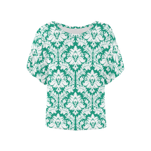 damask pattern emerald green and white Women's Batwing-Sleeved Blouse T shirt (Model T44)