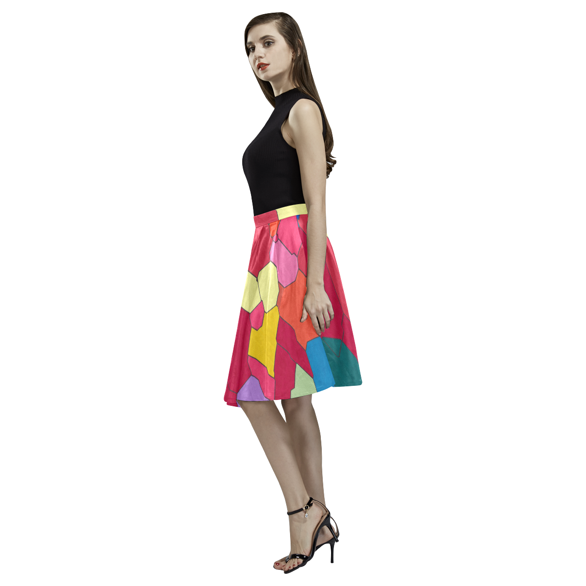 Colorful leather pieces Melete Pleated Midi Skirt (Model D15)
