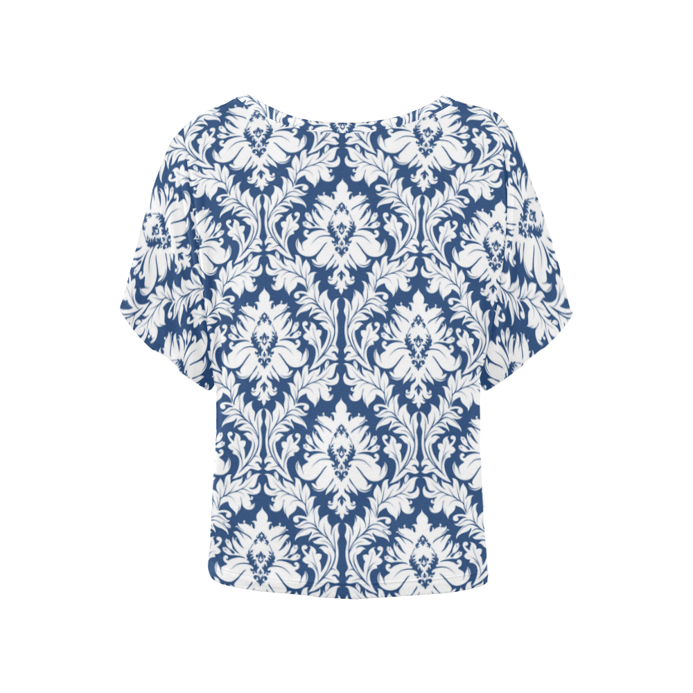 damask pattern navy blue and white Women's Batwing-Sleeved Blouse T shirt (Model T44)