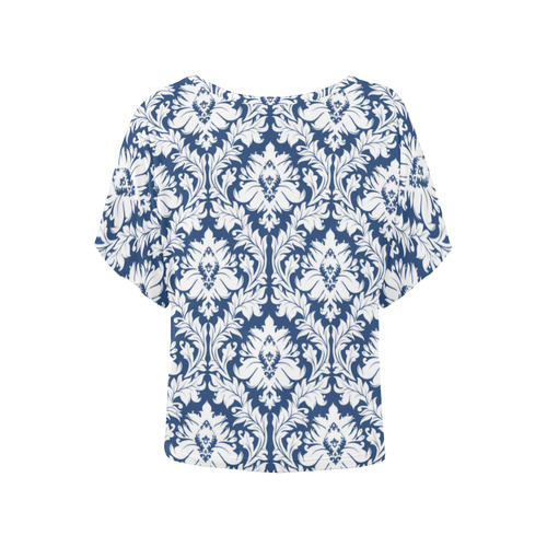 damask pattern navy blue and white Women's Batwing-Sleeved Blouse T shirt (Model T44)