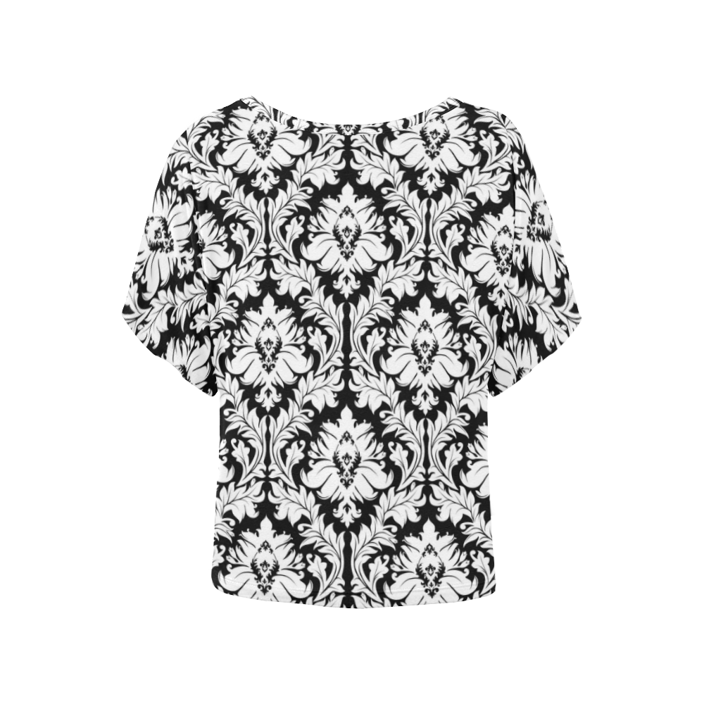 damask pattern black and white Women's Batwing-Sleeved Blouse T shirt (Model T44)