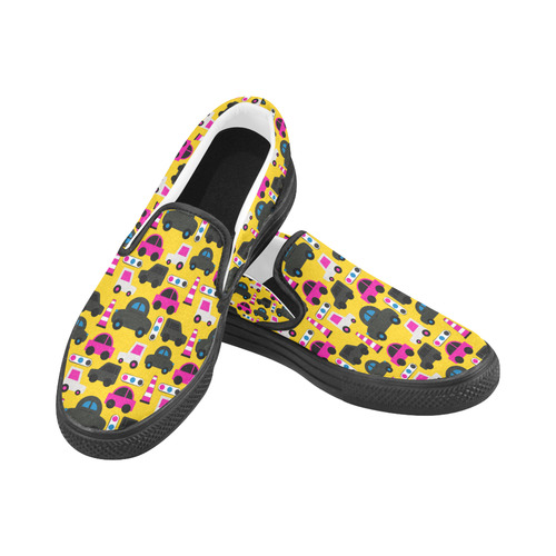 toy cars yellow Women's Unusual Slip-on Canvas Shoes (Model 019)