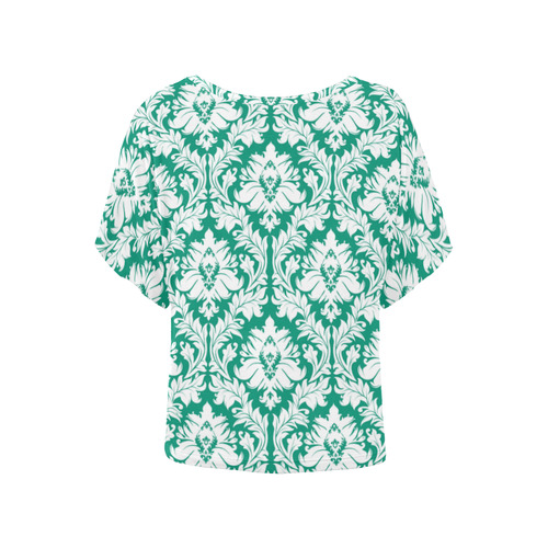 damask pattern emerald green and white Women's Batwing-Sleeved Blouse T shirt (Model T44)