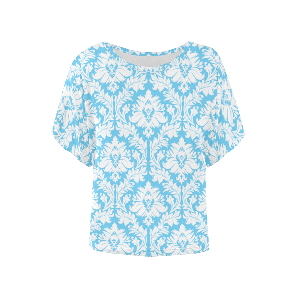 damask pattern bright blue and white Women's Batwing-Sleeved Blouse T shirt (Model T44)