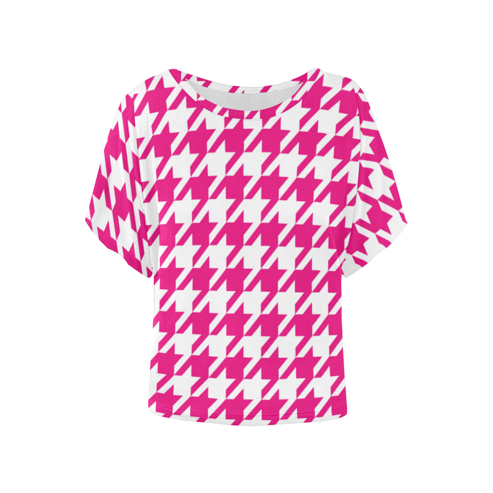 hot pink  and white houndstooth classic pattern Women's Batwing-Sleeved Blouse T shirt (Model T44)