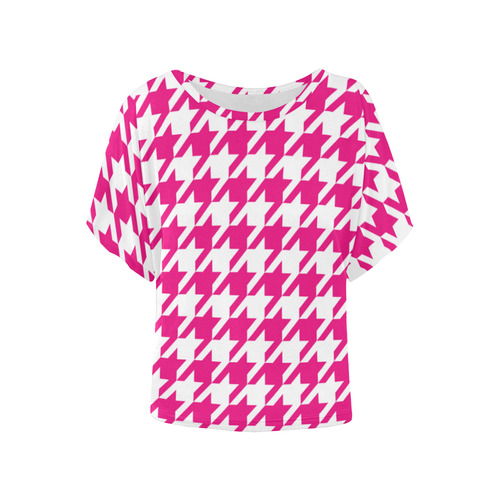 hot pink  and white houndstooth classic pattern Women's Batwing-Sleeved Blouse T shirt (Model T44)