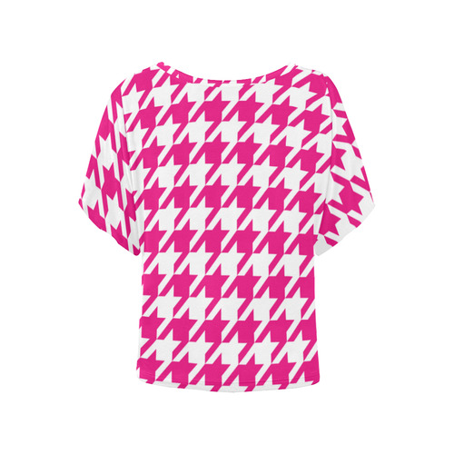 hot pink  and white houndstooth classic pattern Women's Batwing-Sleeved Blouse T shirt (Model T44)