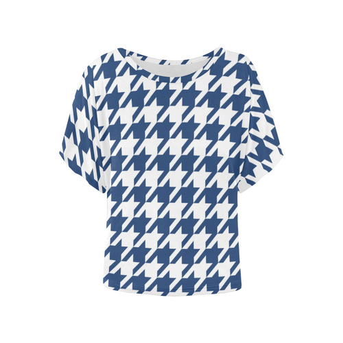 dark blue and white houndstooth classic pattern Women's Batwing-Sleeved Blouse T shirt (Model T44)