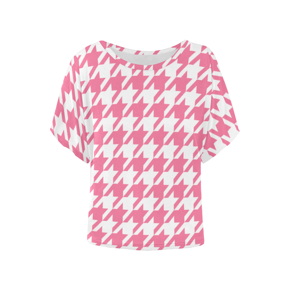 pink and white houndstooth classic pattern Women's Batwing-Sleeved Blouse T shirt (Model T44)
