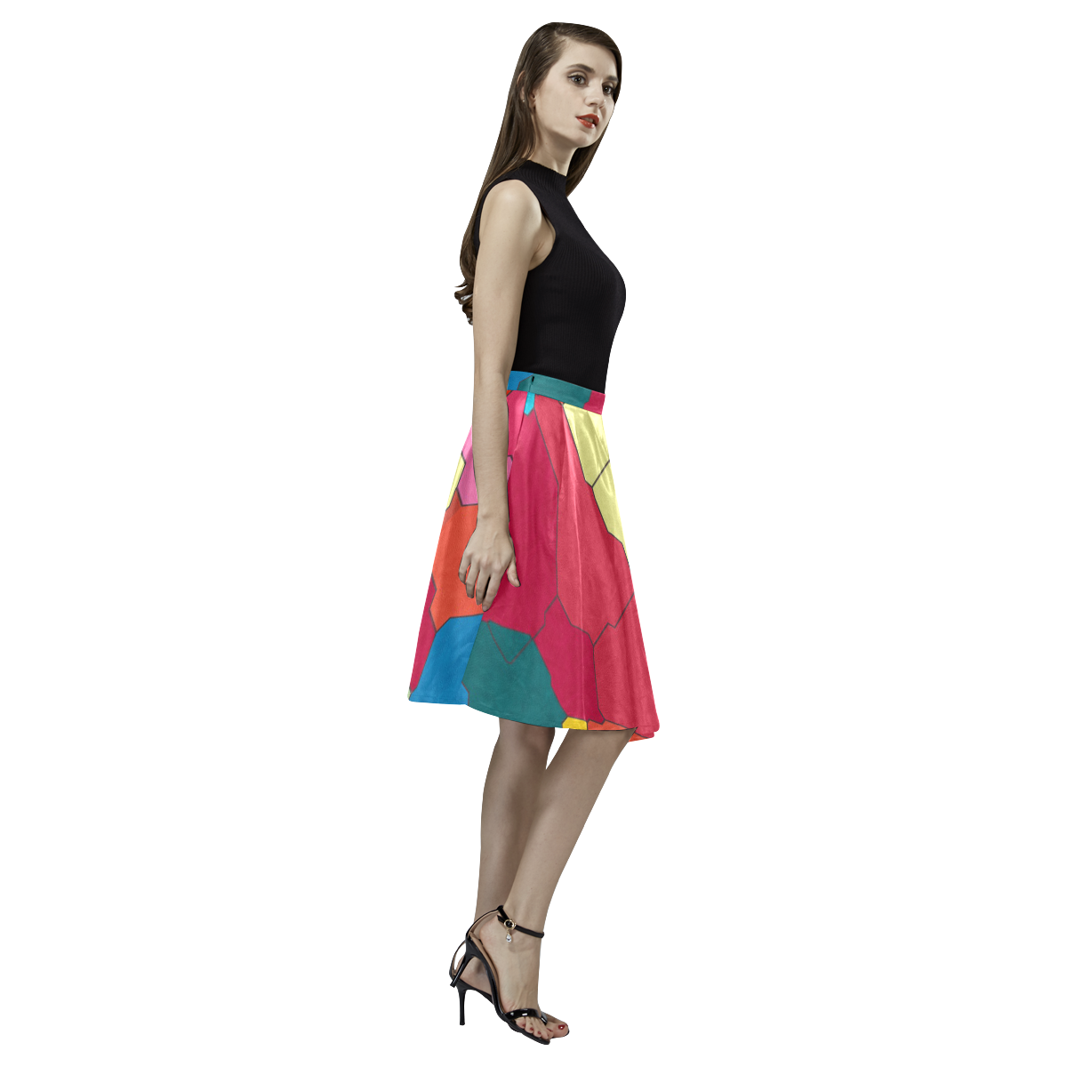 Colorful leather pieces Melete Pleated Midi Skirt (Model D15)