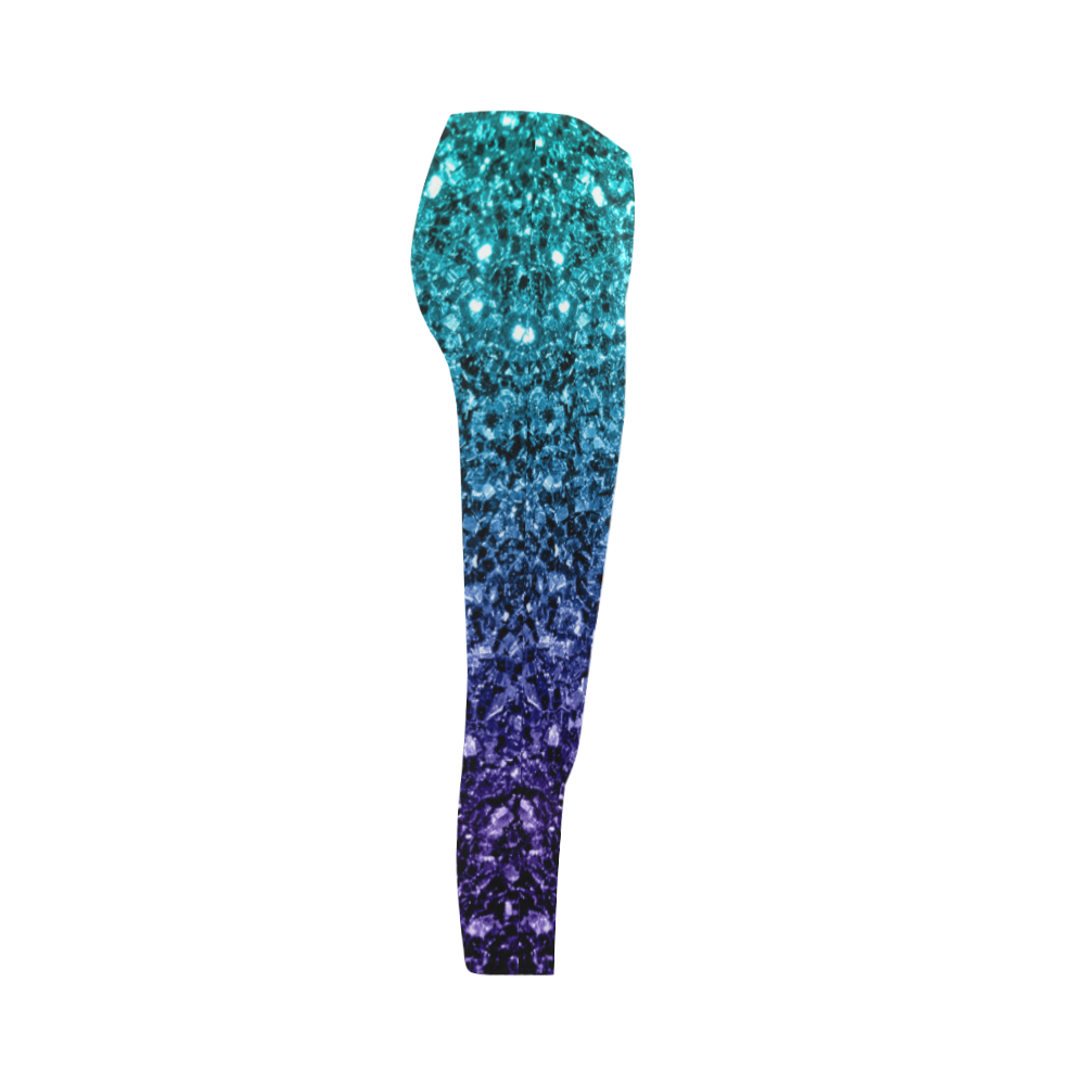 Beautiful Aqua blue Ombre glitter sparkles Capri Legging (Model L02)