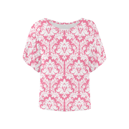 damask pattern pink and white Women's Batwing-Sleeved Blouse T shirt (Model T44)