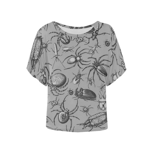 beetles spiders creepy crawlers insects grey Women's Batwing-Sleeved Blouse T shirt (Model T44)